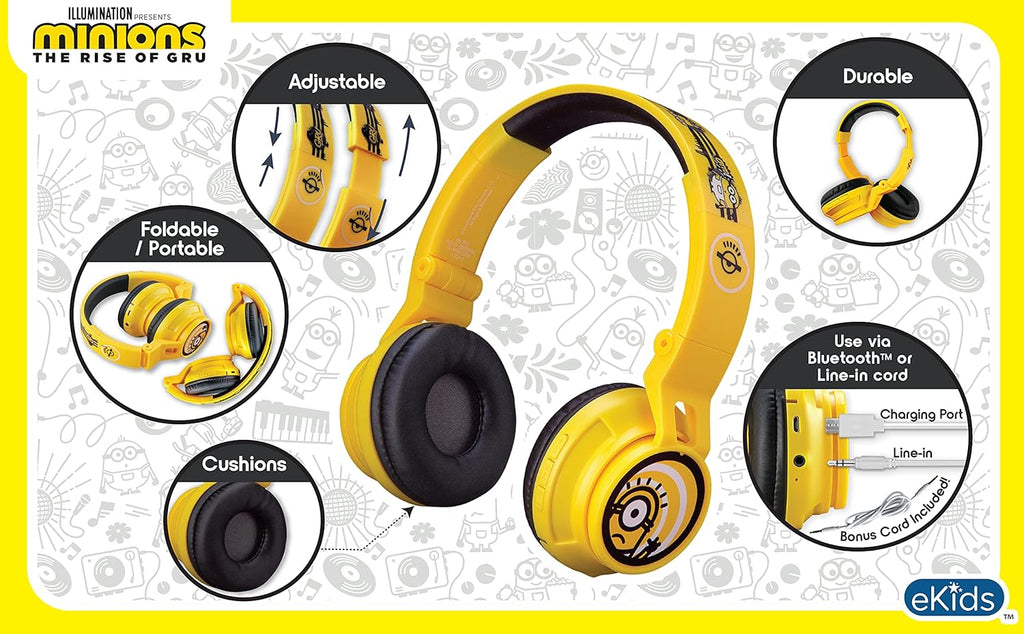 Minions Kids Bluetooth Wireless Headphones with Microphone, Includes Aux Cord, Volume Reduced, Foldable, Yellow, over Ear, Unisex, 3.5Mm Jack, 18H Playtime, 1 Year Warranty