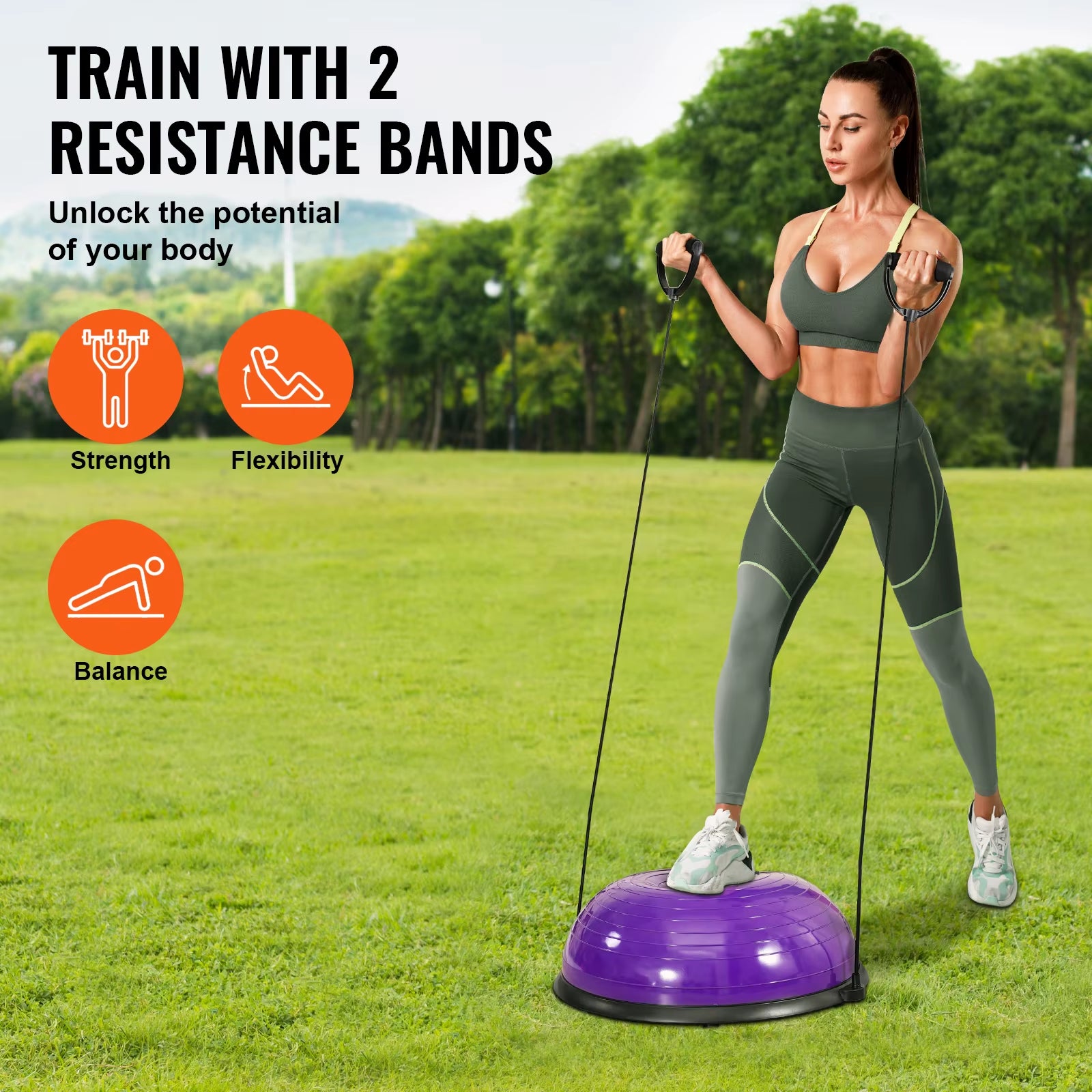 Succebuy Half Exercise Ball Trainer Balance Ball Trainer Stability Ball Yoga Ball with Resistance Bands Foot Pump Strength Ball