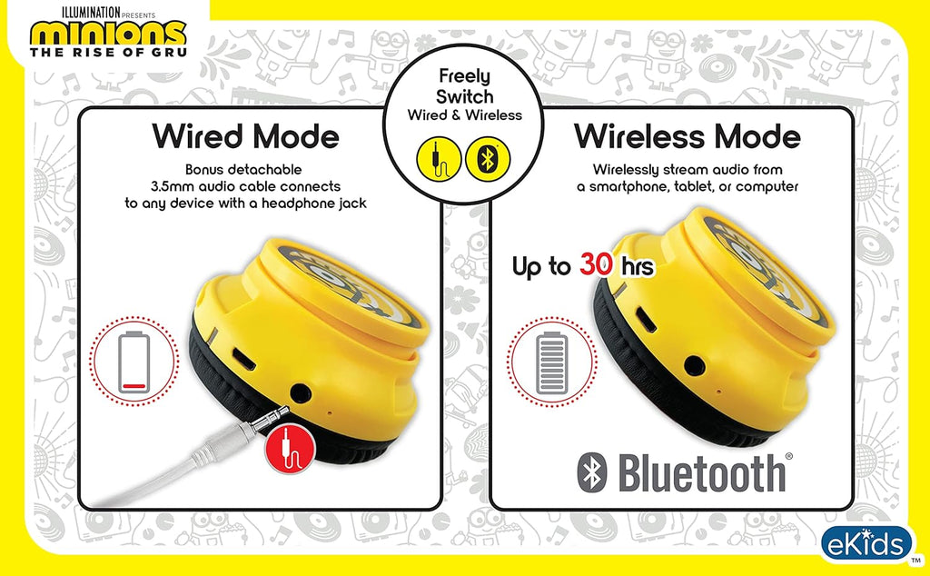 Minions Kids Bluetooth Wireless Headphones with Microphone, Includes Aux Cord, Volume Reduced, Foldable, Yellow, over Ear, Unisex, 3.5Mm Jack, 18H Playtime, 1 Year Warranty