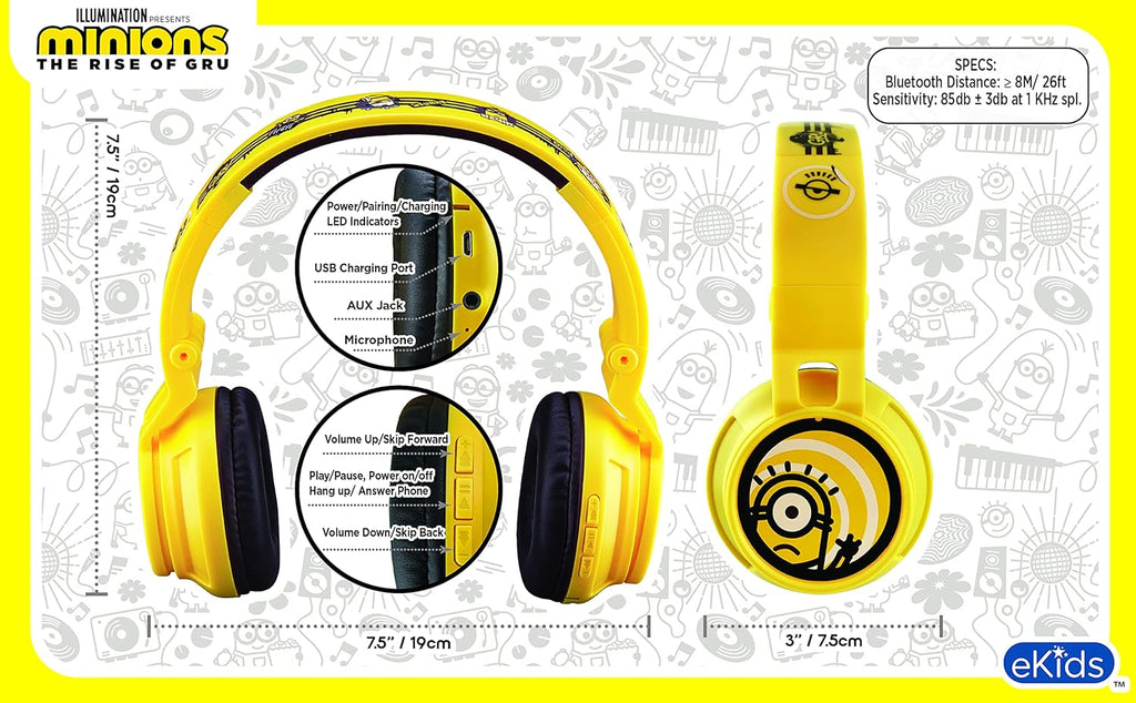 Minions Kids Bluetooth Wireless Headphones with Microphone, Includes Aux Cord, Volume Reduced, Foldable, Yellow, over Ear, Unisex, 3.5Mm Jack, 18H Playtime, 1 Year Warranty