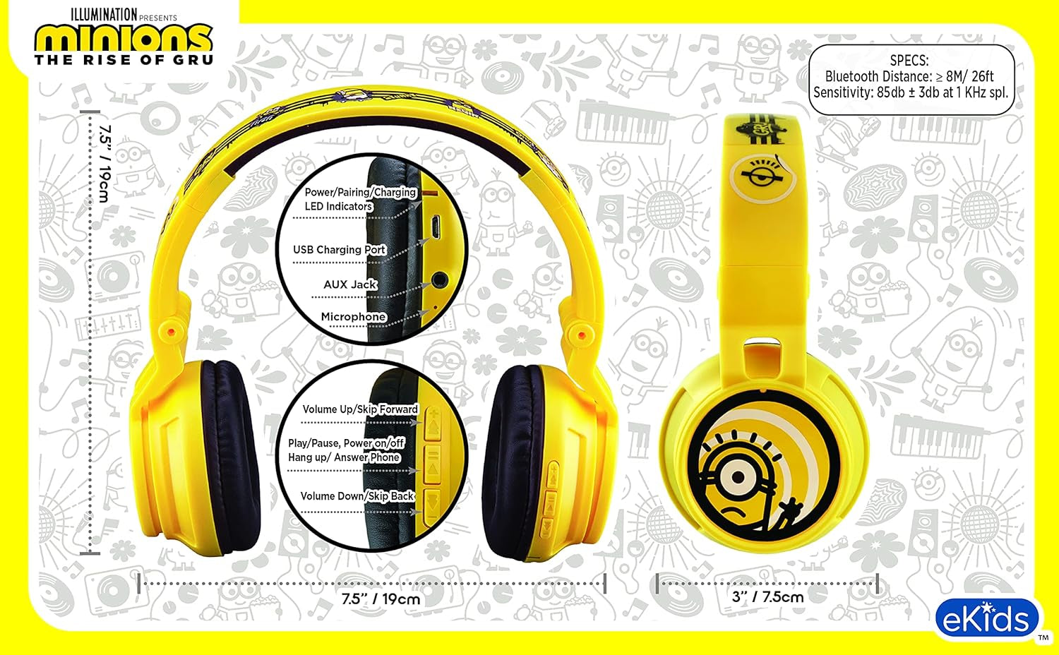 Minions Kids Bluetooth Wireless Headphones with Microphone, Includes Aux Cord, Volume Reduced, Foldable, Yellow, over Ear, Unisex, 3.5Mm Jack, 18H Playtime, 1 Year Warranty